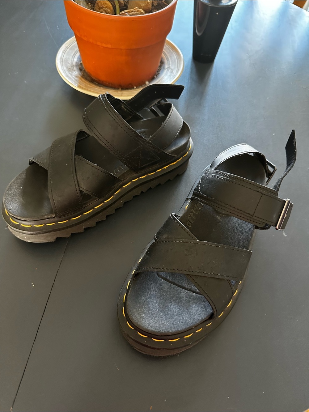 Dr. Martens Black Leather Platform Sandals with Yellow Stitching